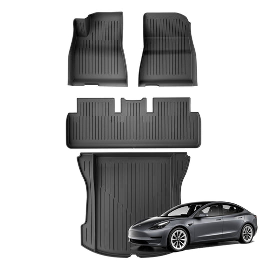 WENNEBIRD All Weather Floor Mats & Rear Trunk Liner for 2017-2023 Tesla Model 3 - 4pc