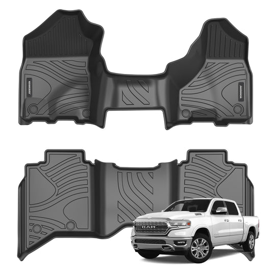 WENNEBIRD All Wearher Floor Mats for 2013-2018 Dodge Ram 1500 Crew Cab / 2019-2024 Ram 1500 Classic (NOT for New Body) with 1st Bench Seats, 2 Row Liner Set (Over-Hump Front & 2nd Seat) - 2pc