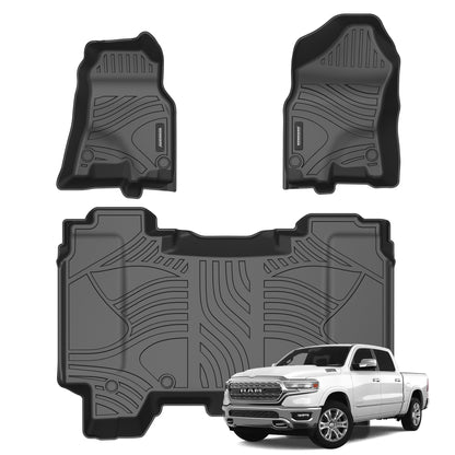 WENNEBIRD All Weather Floor Mats for 2019-2024 Dodge Ram 1500 Crew Cab (New Body), Crew Cab w/Out Factory Storage Box, Premium TPE Anti-Slip Waterproof Floor Liners, Front & 2nd Row Liner - 3pc